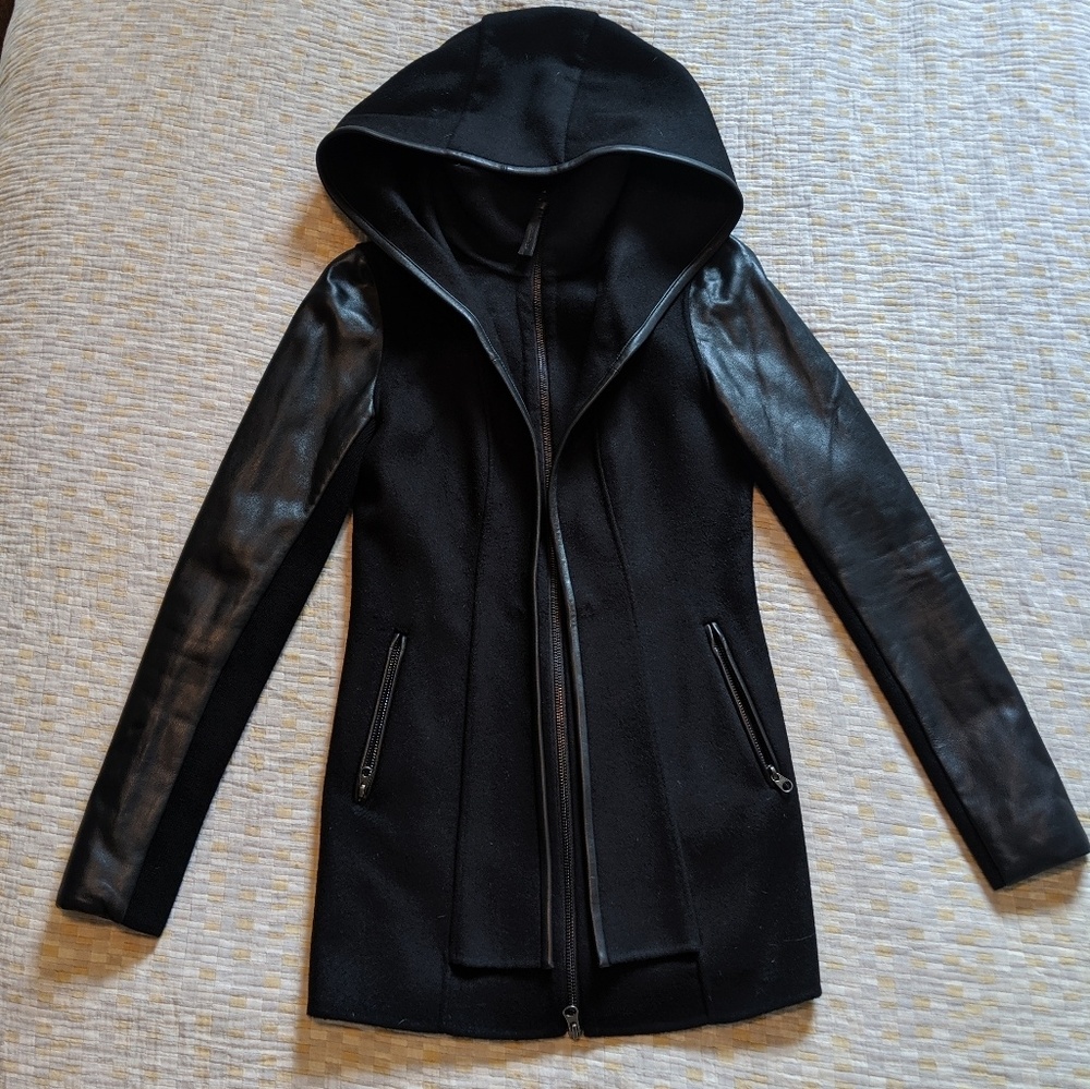 Mackage Leather Sleeved Coat with Hood
